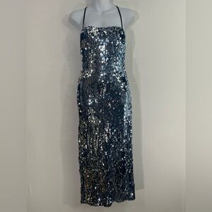 Dress The Population S Cosmopolitan Blue Silver Metallic Spaghetti Strap‎ Dress